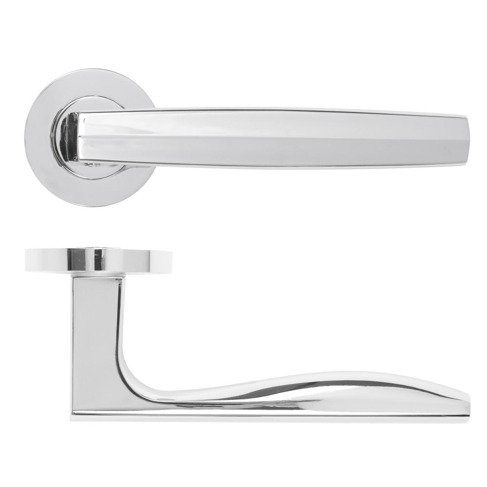 High quality image of the Rosso Maniglie - Apennine Lever On Round Rose, Polished Chrome Finish | Sku. rm140cp | available to order from Trade Door Handles.