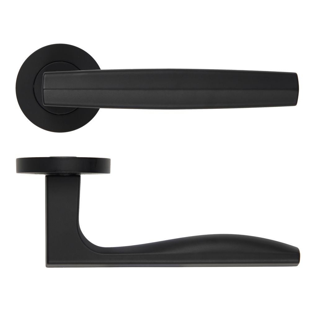 High quality image of the Rosso Maniglie - Apennine Lever On Round Rose, Oscuro Matt Black Finish | Sku. rm140omb | available to order from Trade Door Handles.