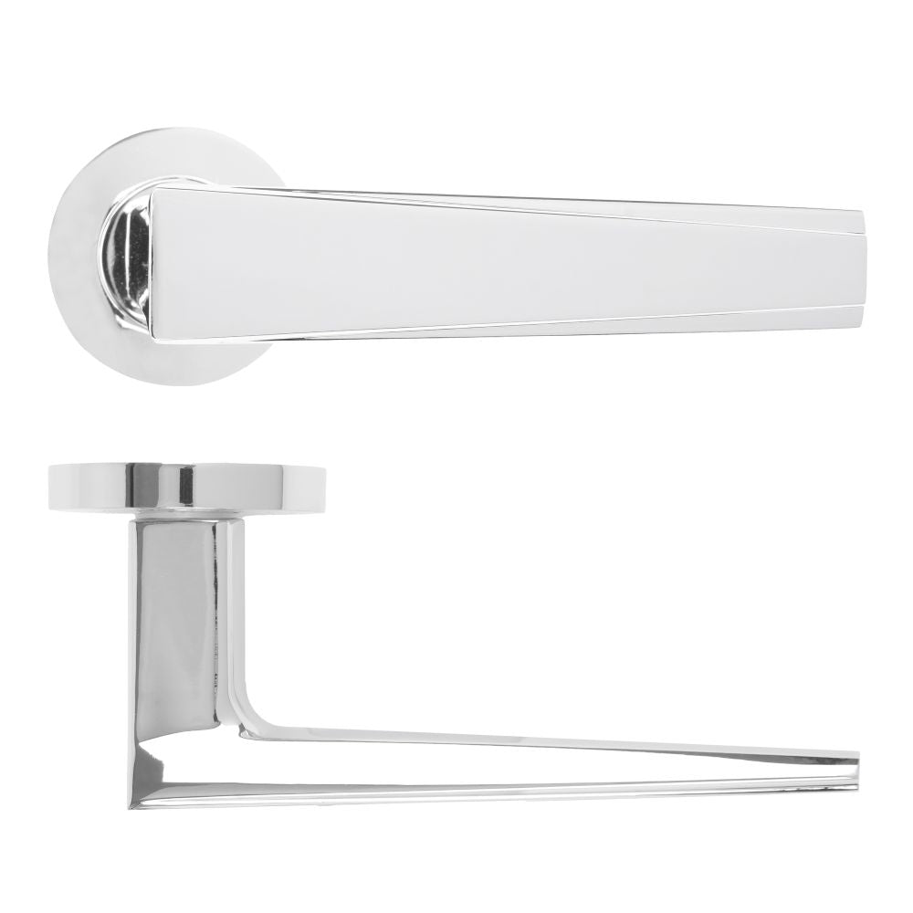 High quality image of the Rosso Maniglie - Veloce Lever On Round Rose, Polished Chrome Finish | Sku. rm150cp | available to order from Trade Door Handles.