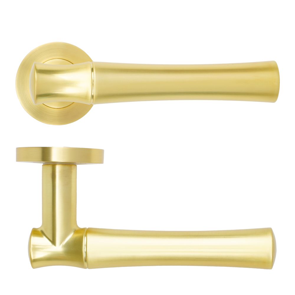 High quality image of the Rosso Maniglie - Aldo Lever On Round Rose, Satin Brass Finish | Sku. rm160sb | available to order from Trade Door Handles.