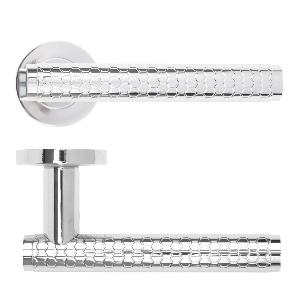 High quality image of the Rosso Maniglie - Favo Lever On Round Rose, Polished Chrome Finish | Sku. rm170cp | available to order from Trade Door Handles.