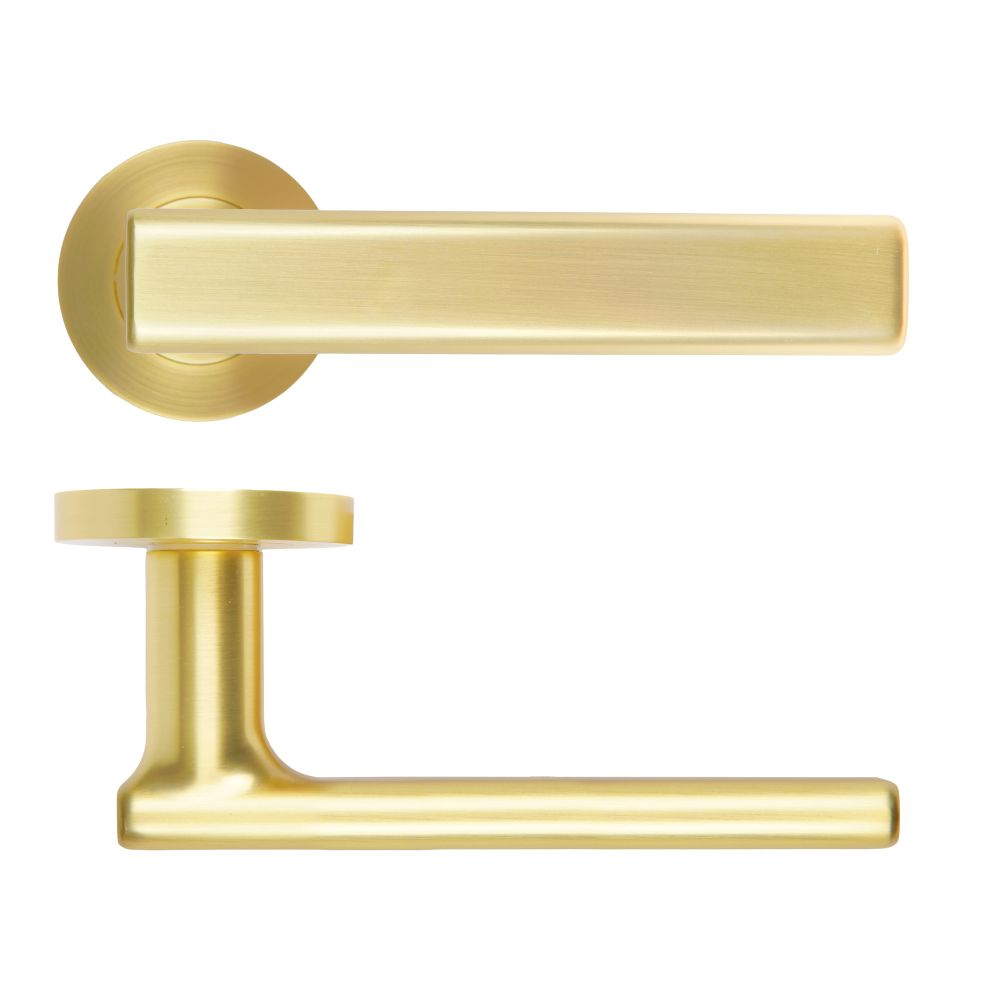 High quality image of the Rosso Maniglie - Frigo Lever On Round Rose, Satin Brass Finish | Sku. rm180sb | available to order from Trade Door Handles.