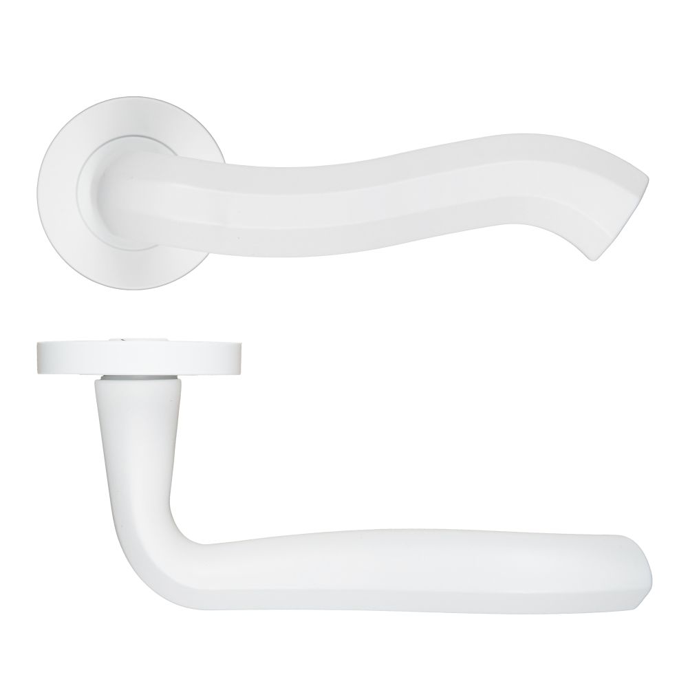 High quality image of the Rosso Maniglie - Rococo Lever On Round Rose, Powder Coated White Finish | Sku. rm190pcw | available to order from Trade Door Handles.