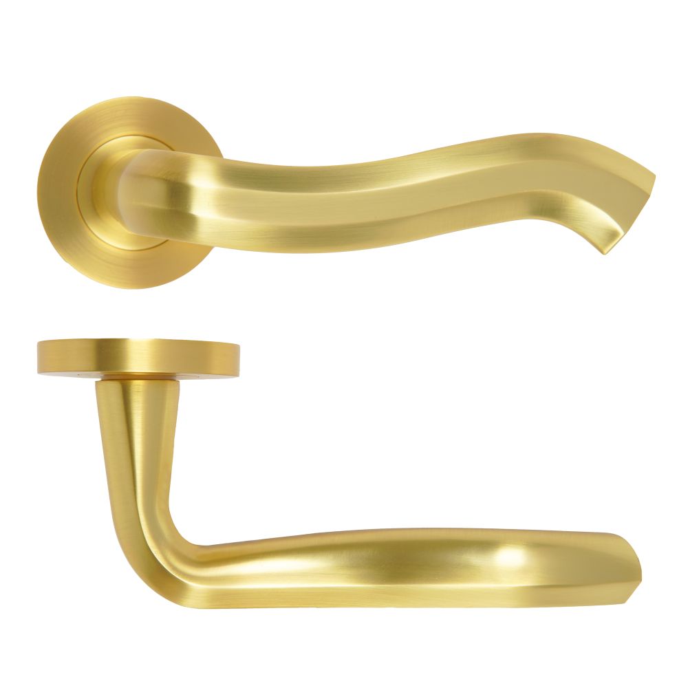 High quality image of the Rosso Maniglie - Rococo Lever On Round Rose, Satin Brass Finish | Sku. rm190sb | available to order from Trade Door Handles.