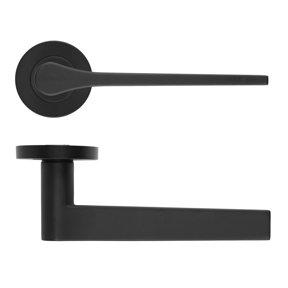 High quality image of the Rosso Maniglie - Gio Lever On Round Rose, Oscuro Matt Black Finish | Sku. rm210omb | available to order from Trade Door Handles.