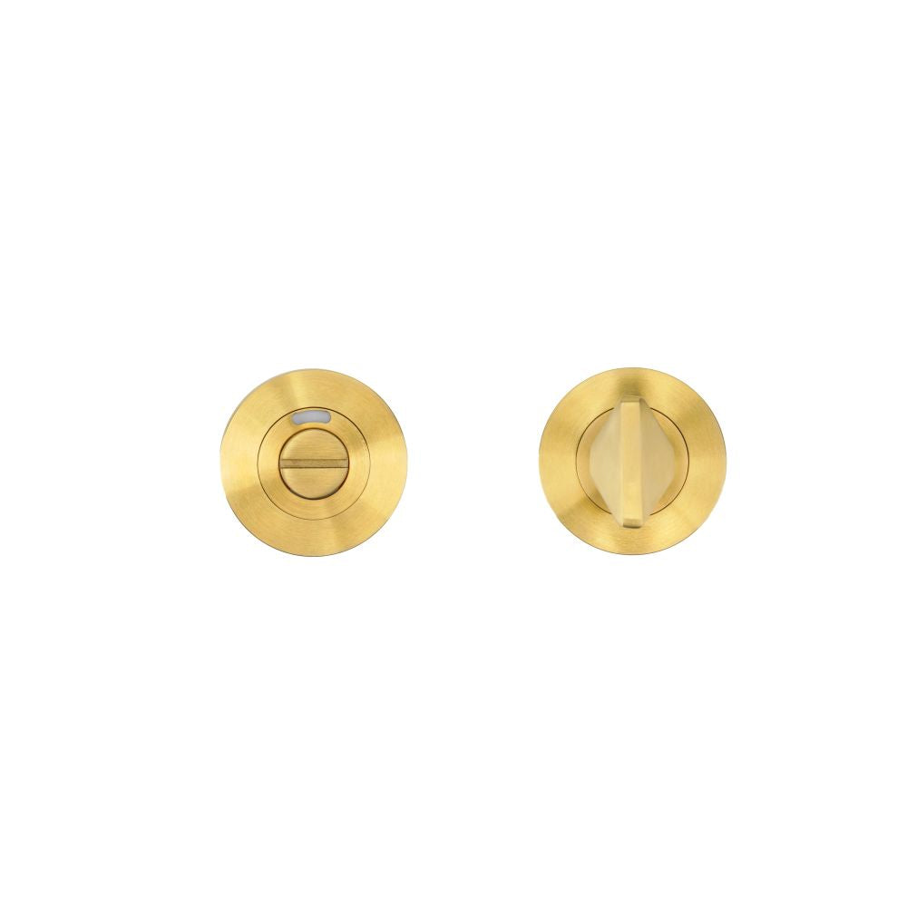 High quality image of the Rosso Tecnica - Turn & Indicator Release - Round Rose - PVD Satin Brass | Sku. rt004i-pvdsb | available to order from Trade Door Handles.