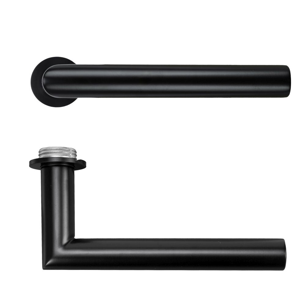 High quality image of the Rosso Tecnica - Lugano Lever on 32mm Round Mini Rose - PVD black | Sku. RT010-MINI-PVDBLK | available to order from Trade Door Handles.