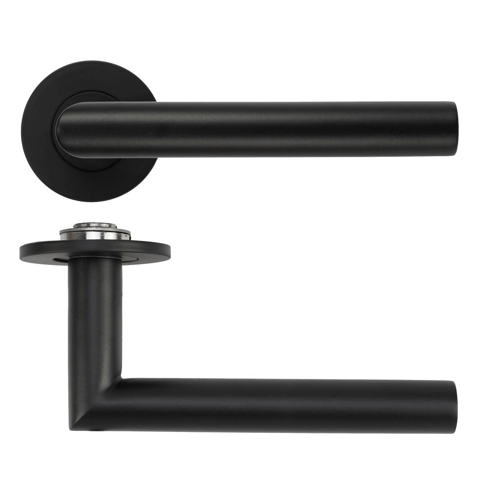 High quality image of the Rosso Tecnica - Lugano Lever on 4mm Round Slim Sprung Rose - Powder Coat Black | Sku. RT010-SLIM-PCB | available to order from Trade Door Handles.