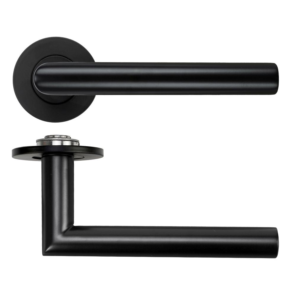 High quality image of the Rosso Tecnica - Lugano Lever on 4mm Round Slim Sprung Rose - PVD Black | Sku. RT010-SLIM-PVDBLK | available to order from Trade Door Handles.