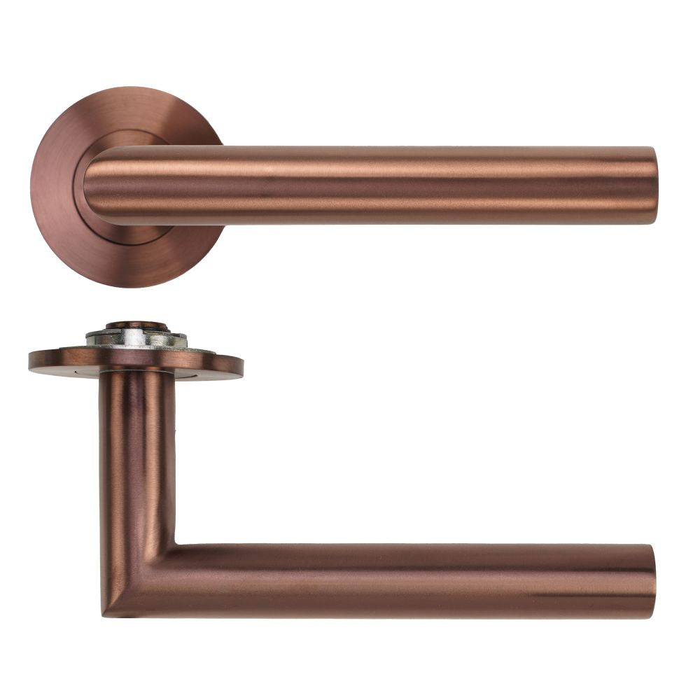 High quality image of the Rosso Tecnica - Lugano Lever on 4mm Round Slim Sprung Rose - PVD Satin Bronze | Sku. RT010-SLIM-PVDBZ | available to order from Trade Door Handles.