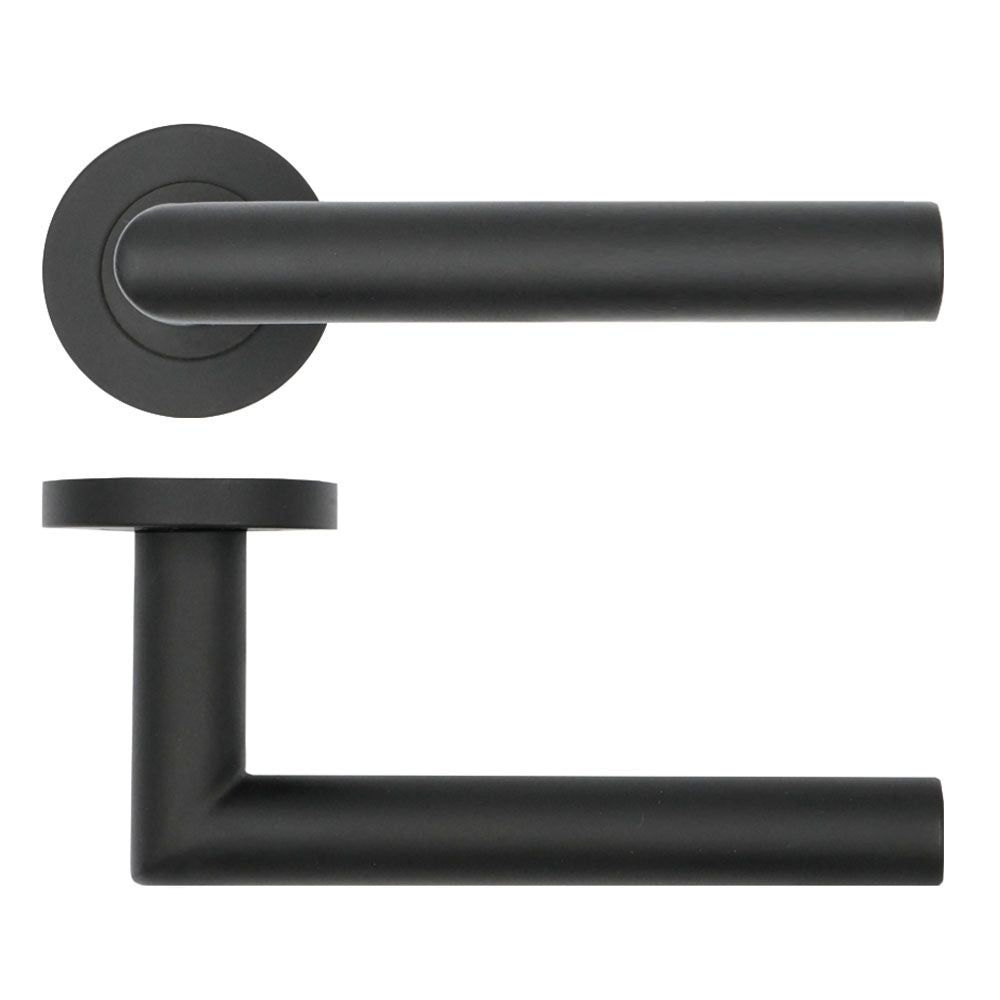 High quality image of the Rosso Tecnica - Lugano Lever on Round Rose - Powder Coat Black | Sku. rt010pcb | available to order from Trade Door Handles.