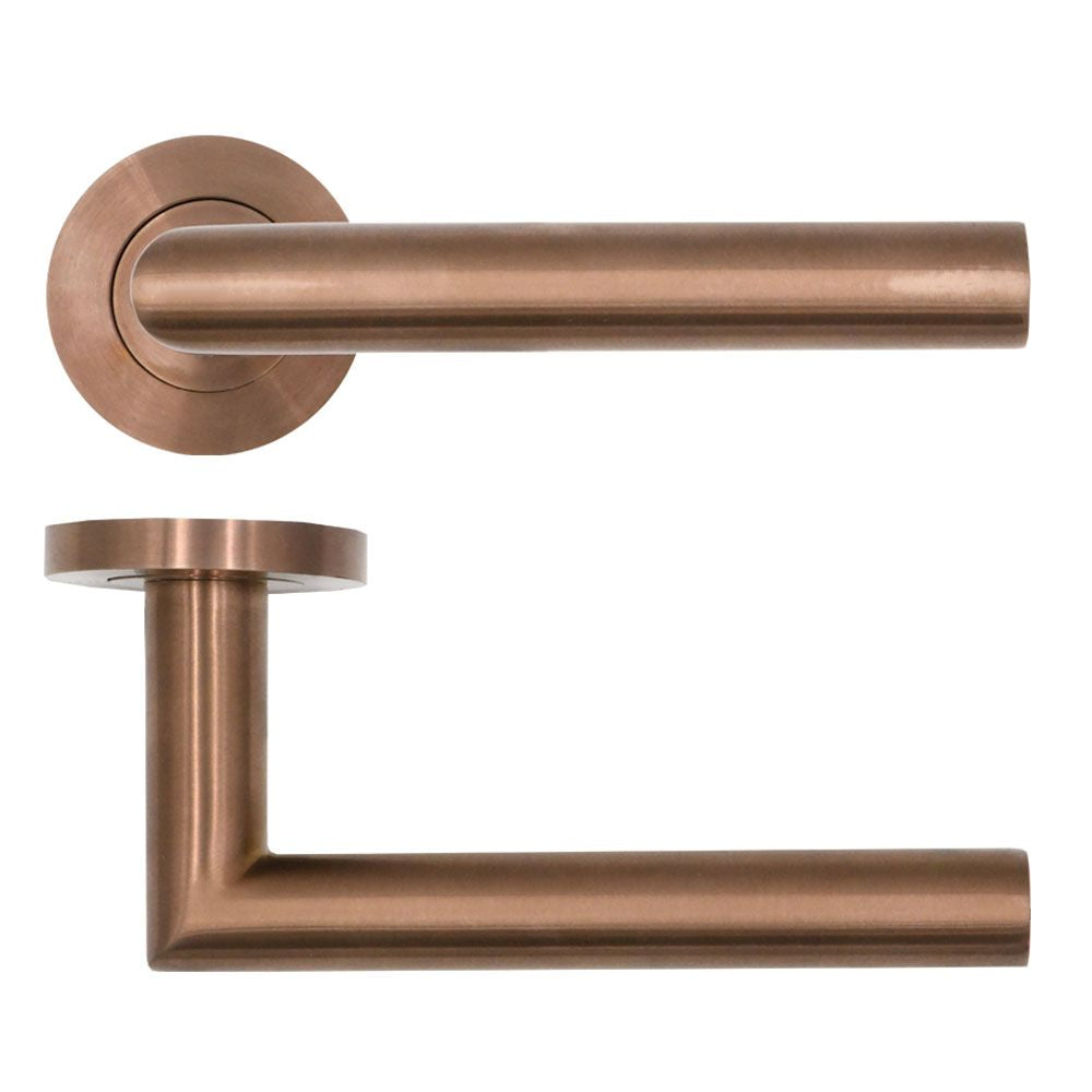 High quality image of the Rosso Tecnica - Lugano Lever on Round Rose - PVD Satin Bronze | Sku. rt010pvdbz | available to order from Trade Door Handles.