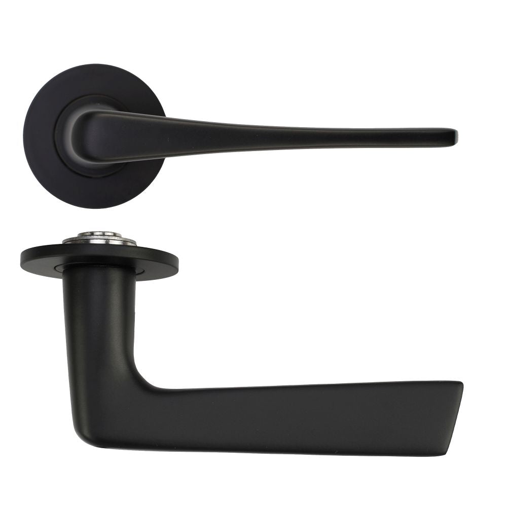 High quality image of the Rosso Tecnica - Como Lever on 4mm Round Slim Sprung Rose - Powder Coat Black | Sku. RT020-SLIM-PCB | available to order from Trade Door Handles.