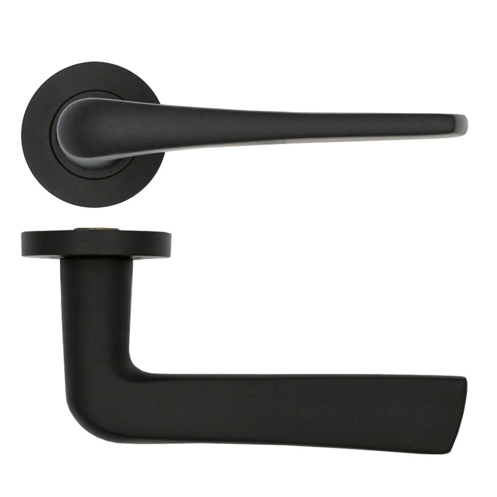 High quality image of the Rosso Tecnica - Como Lever on Round Rose - Powder Coat Black | Sku. rt020pcb | available to order from Trade Door Handles.