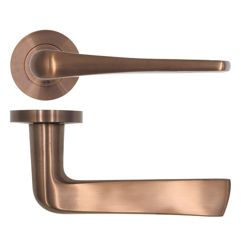 High quality image of the Rosso Tecnica - Como Lever on Round Rose - PVD Satin Bronze | Sku. rt020pvdbz | available to order from Trade Door Handles.