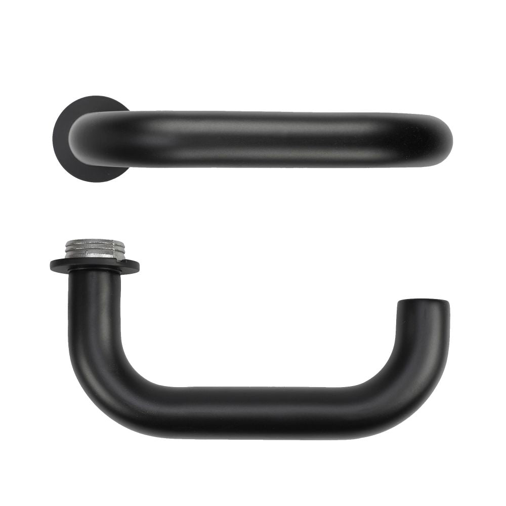 High quality image of the Rosso Tecnica - Maggiore Lever on 32mm Round Mini Rose - Powder Coat Black | Sku. RT030-MINI-PCB | available to order from Trade Door Handles.