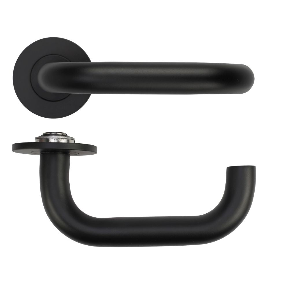 High quality image of the Rosso Tecnica - Maggiore Lever on 4mm Round Slim Sprung Rose - Powder Coat Black | Sku. RT030-SLIM-PCB | available to order from Trade Door Handles.
