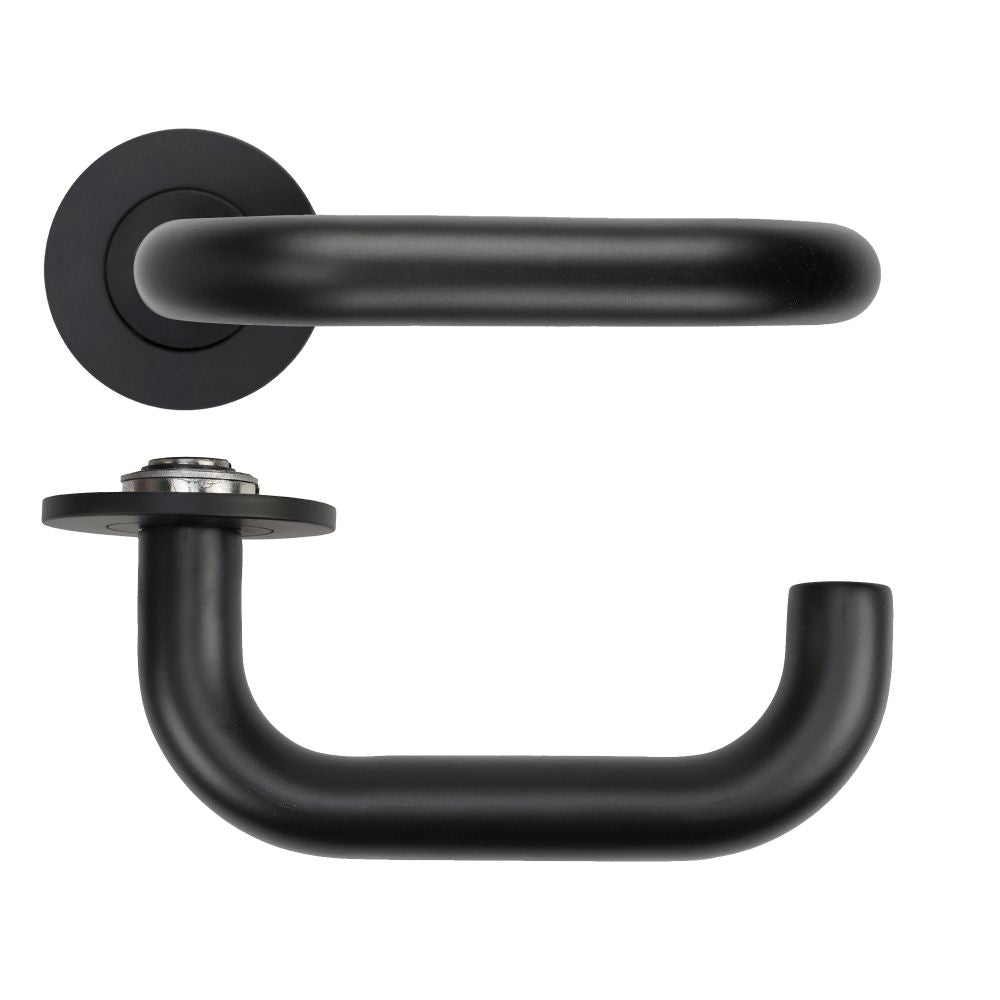High quality image of the Rosso Tecnica - Maggiore Lever on 4mm Round Slim Sprung Rose - PVD Black | Sku. RT030-SLIM-PVDBLK | available to order from Trade Door Handles.