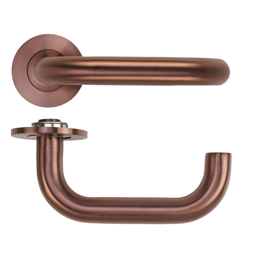 High quality image of the Rosso Tecnica - Maggiore Lever on 4mm Round Slim Sprung Rose - PVD Satin Bronze | Sku. RT030-SLIM-PVDBZ | available to order from Trade Door Handles.