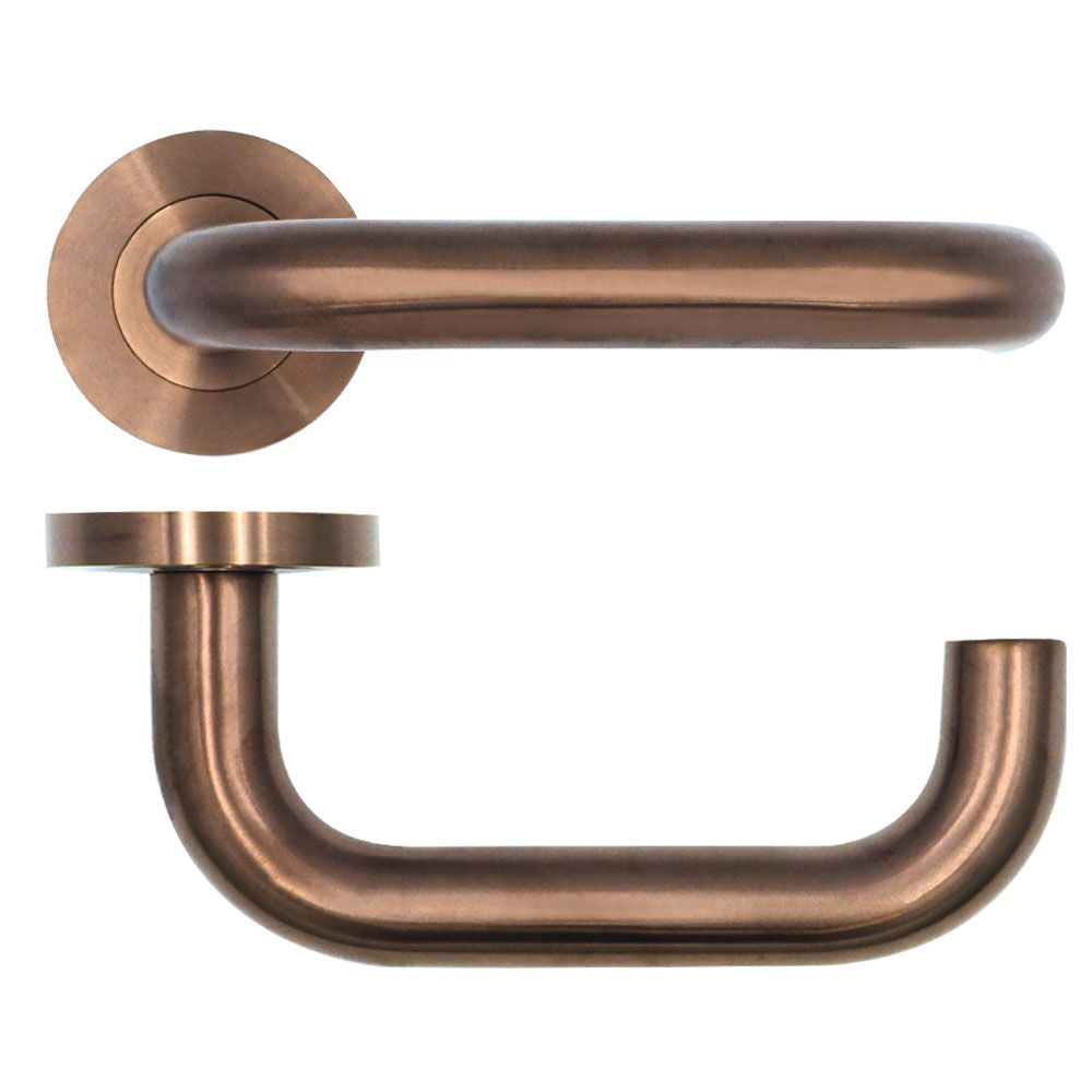 High quality image of the Rosso Tecnica - Maggiore Lever on Round Rose - PVD Satin Bronze | Sku. rt030pvdbz | available to order from Trade Door Handles.