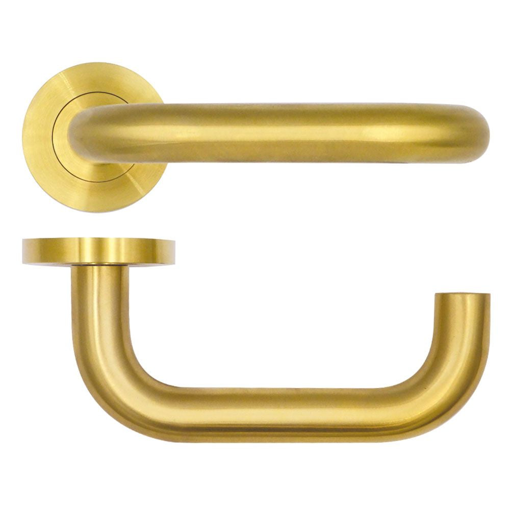 High quality image of the Rosso Tecnica - Maggiore Lever on Round Rose - PVD Satin Brass | Sku. rt030pvdsb | available to order from Trade Door Handles.