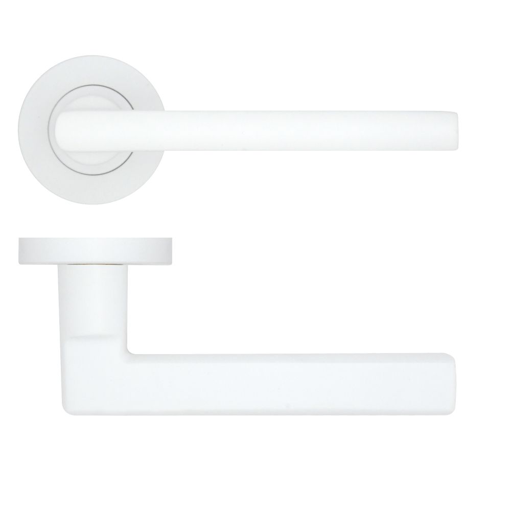 High quality image of the Rosso Tecnica - Varese Lever on Round Rose - Powder Coat White | Sku. rt040-pcw | available to order from Trade Door Handles.