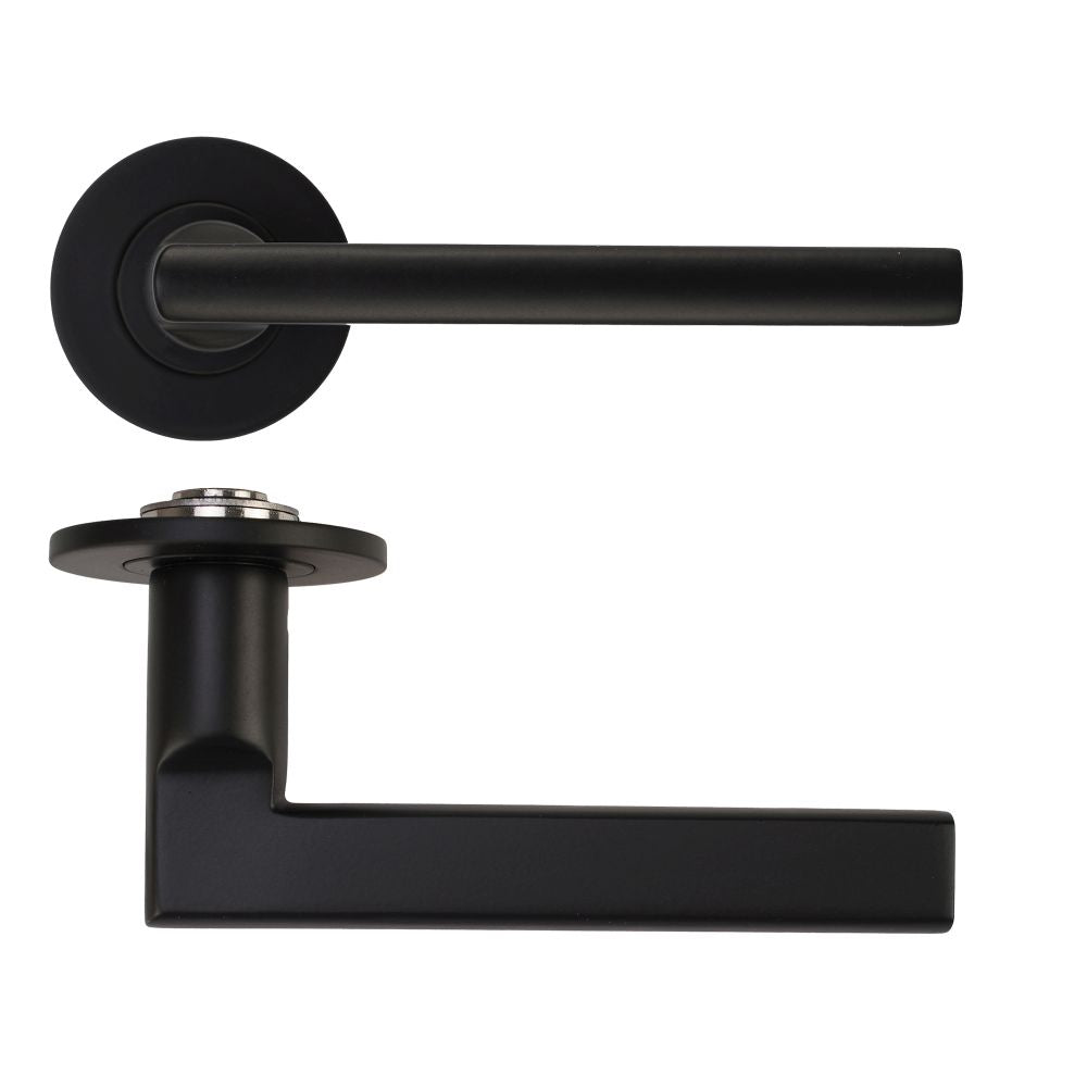 High quality image of the Rosso Tecnica - Varese Lever on 4mm Round Slim Sprung Rose - Powder Coat Black | Sku. RT040-SLIM-PCB | available to order from Trade Door Handles.