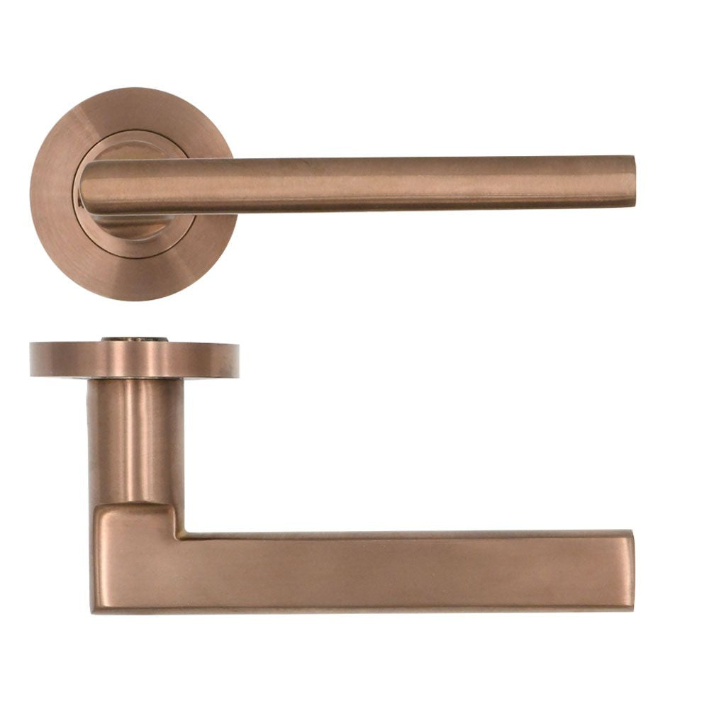 High quality image of the Rosso Tecnica - Varese Lever on Round Rose - PVD Satin Bronze | Sku. rt040pvdbz | available to order from Trade Door Handles.