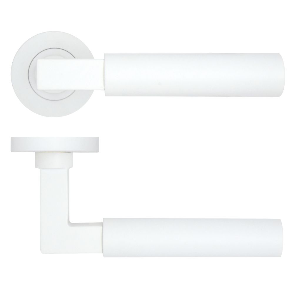 High quality image of the Rosso Tecnica - Garda Lever on Round Rose - Powder Coat White | Sku. rt050-pcw | available to order from Trade Door Handles.