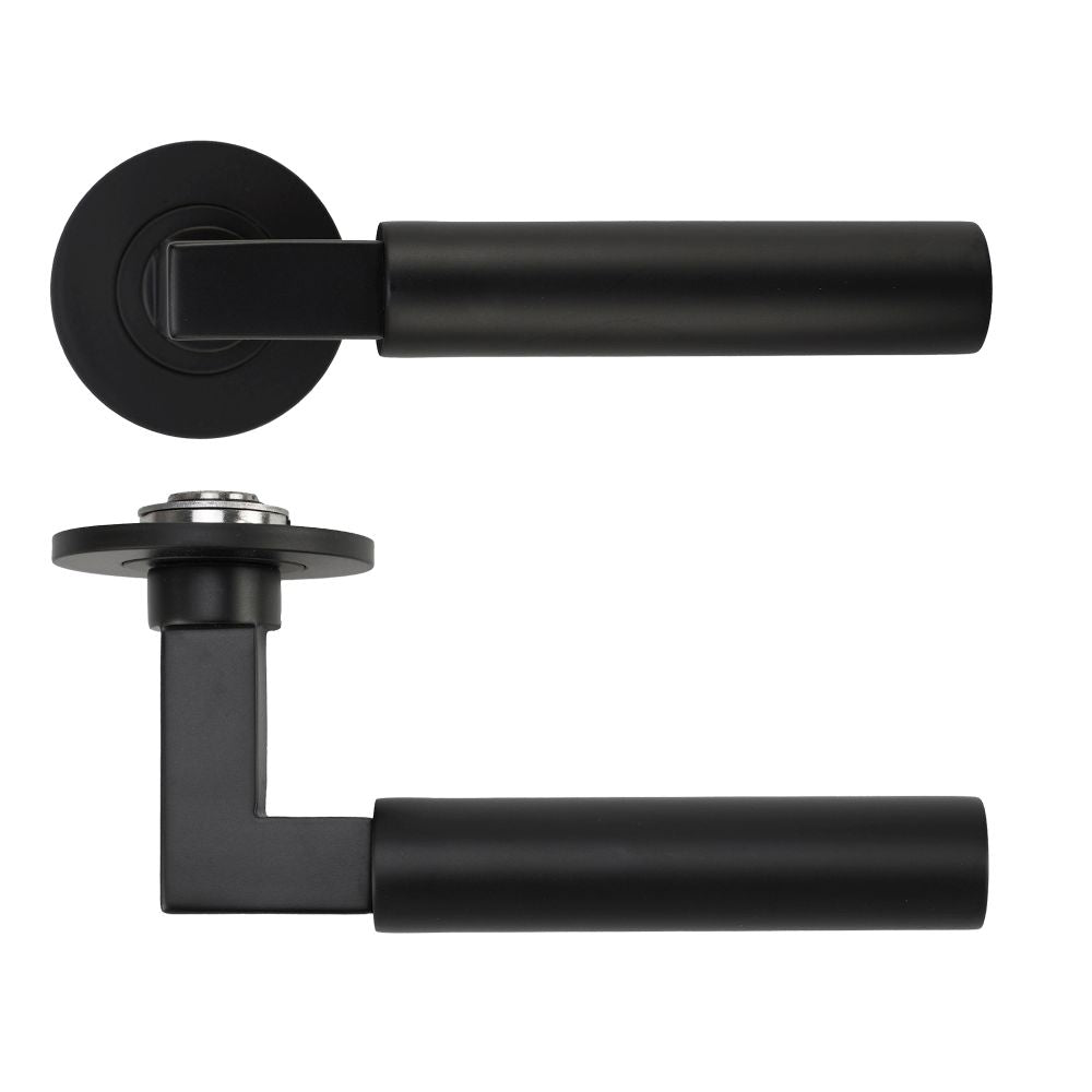 High quality image of the Rosso Tecnica - Garda Lever on 4mm Round Slim Sprung Rose - Powder Coat Black | Sku. RT050-SLIM-PCB | available to order from Trade Door Handles.