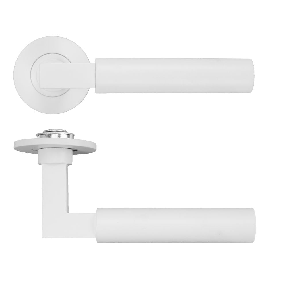 High quality image of the Rosso Tecnica - Garda Lever on 4mm Round Slim Sprung Rose - Powder Coat White | Sku. RT050-SLIM-PCW | available to order from Trade Door Handles.