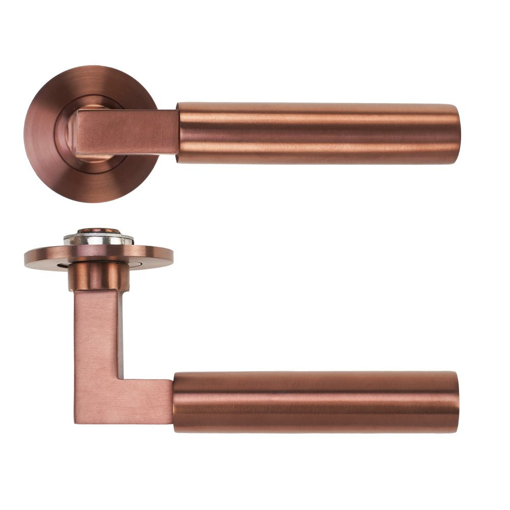 High quality image of the Rosso Tecnica - Garda Lever on 4mm Round Slim Sprung Rose - PVD Satin Bronze | Sku. RT050-SLIM-PVDBZ | available to order from Trade Door Handles.