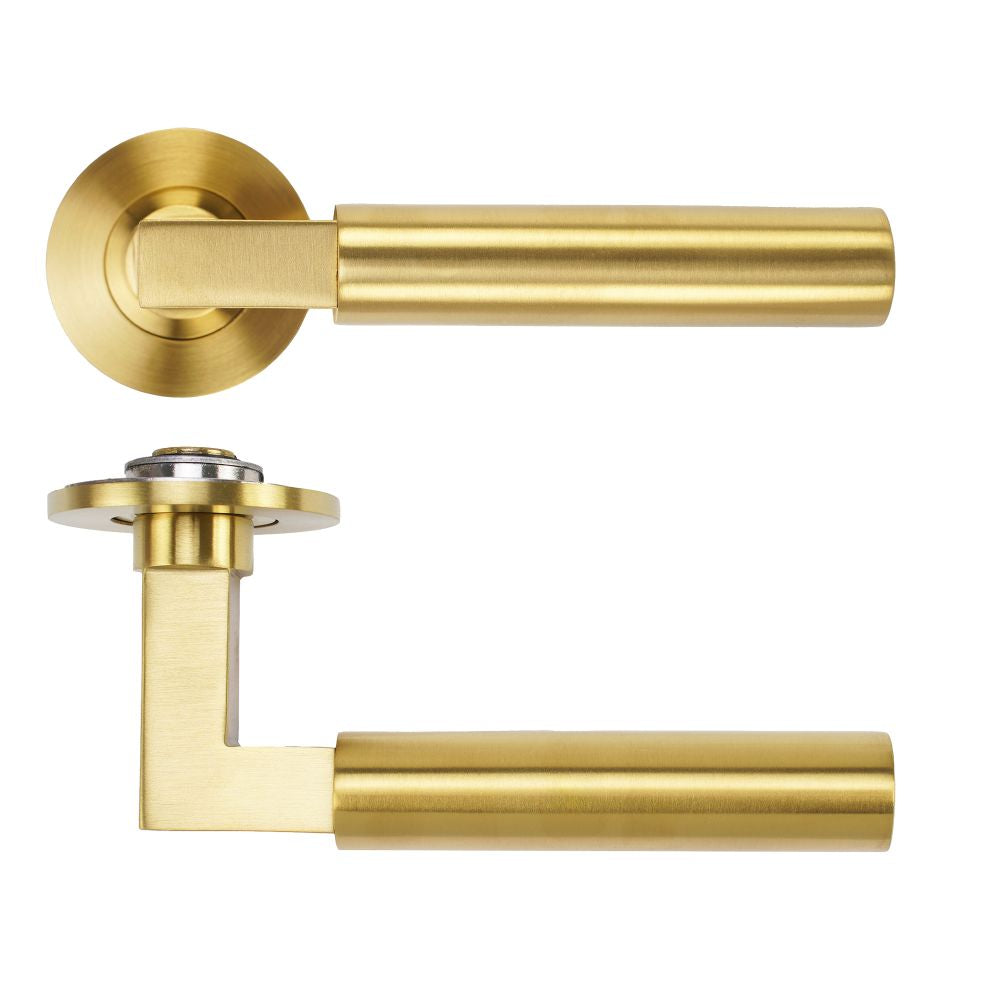High quality image of the Rosso Tecnica - Garda Lever on 4mm Round Slim Sprung Rose - PVD Satin Brass | Sku. RT050-SLIM-PVDSB | available to order from Trade Door Handles.