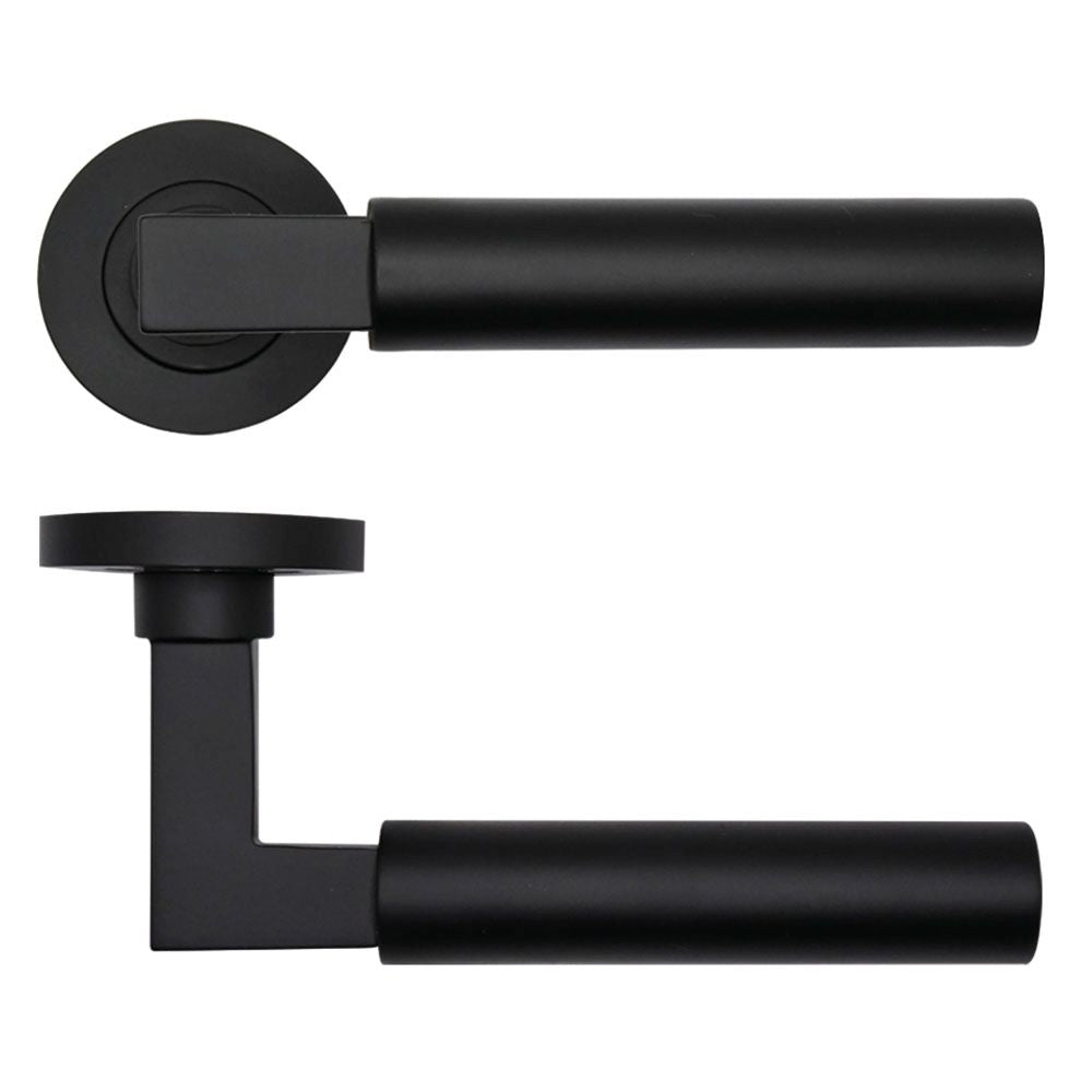 High quality image of the Rosso Tecnica - Garda Lever on Round Rose - Powder Coat Black | Sku. rt050pcb | available to order from Trade Door Handles.