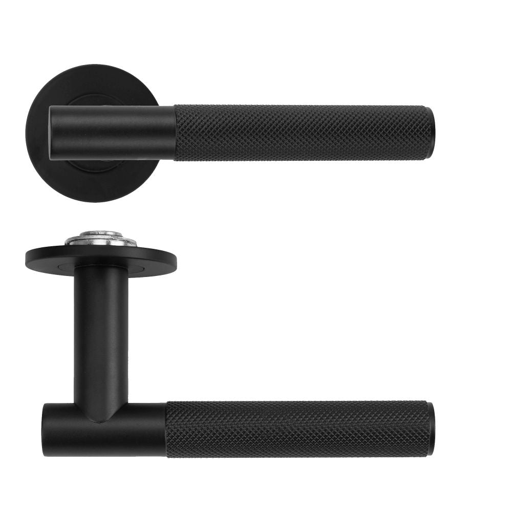 High quality image of the Rosso Tecnica - Orta Lever on 4mm Round Slim Sprung Rose - Powder Coat Black | Sku. RT060-SLIM-PCB | available to order from Trade Door Handles.