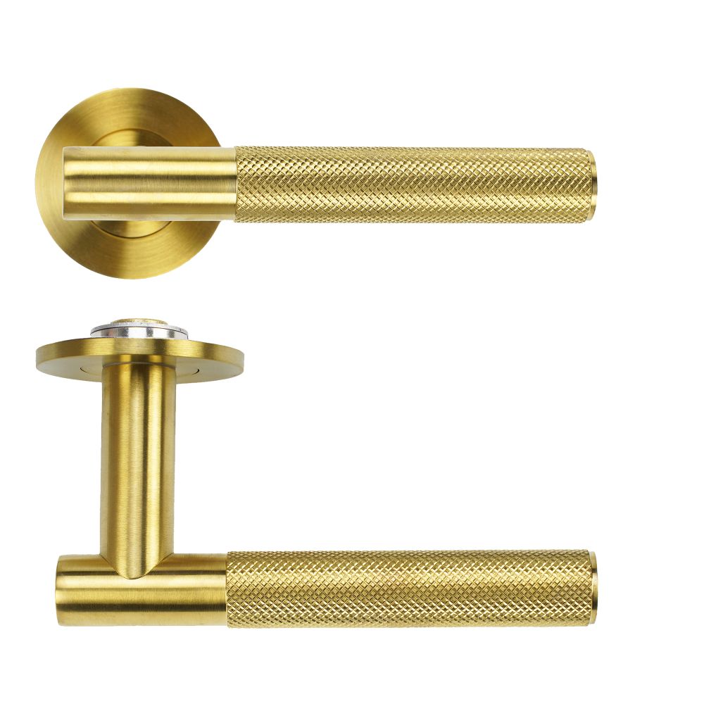 High quality image of the Rosso Tecnica - Orta Lever on 4mm Round Slim Sprung Rose - PVD Satin Brass | Sku. RT060-SLIM-PVDSB | available to order from Trade Door Handles.