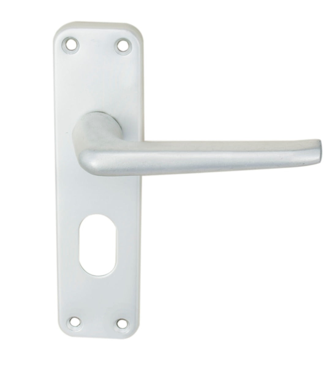 High quality image of Eurospec - Aluminium Lever On Backplate - Lock Oval Profile 48.5Mm C/C - Satin A | Sku. saa21u | Trade Door Handles.
