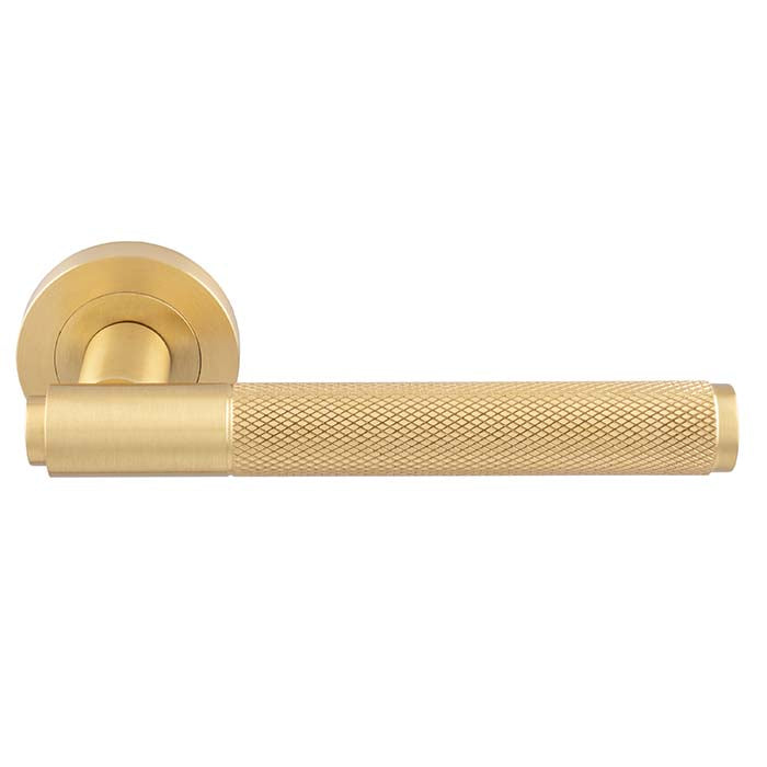 High quality image of Manital - Syntax Lever On round Rose - Satin Brass | Sku. sx5sb | Trade Door Handles.