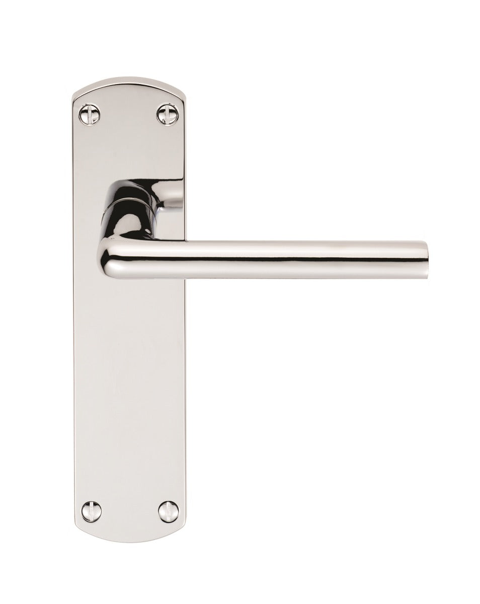 High quality image of Serozzetta - Uno Lever on Latch Backplate - Polished Chrome | Sku. szc012cp | Trade Door Handles.