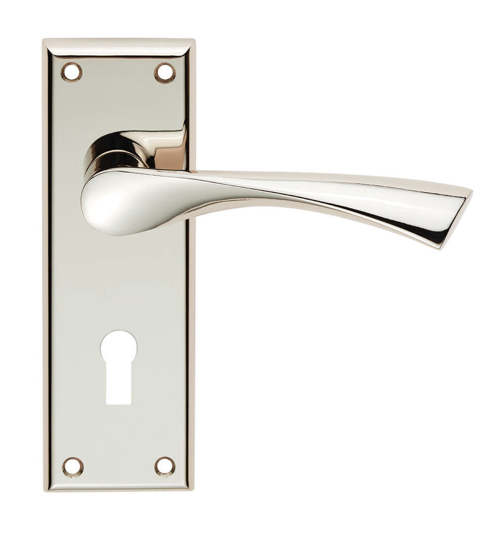 High quality image of Serozzetta - venti lever on face-fix backplate - lock 57mm - polished nickel | Sku. szr021pn | Trade Door Handles.