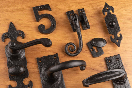 Image showing a selection of Ludlow Foundries Ironmongery in Antique Black.  Available to order from Trade Door Handles in Kendal