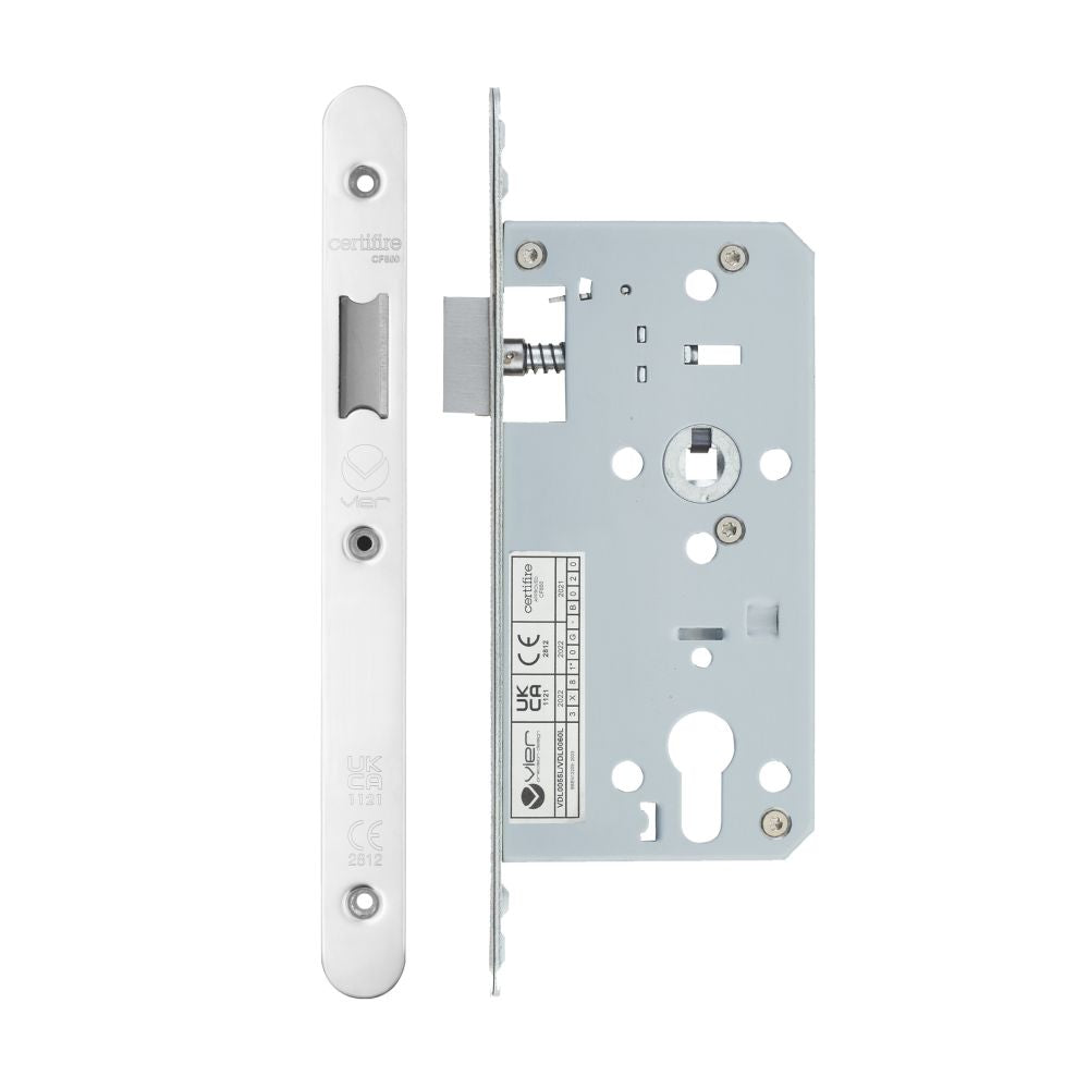 High quality image of the Vier - Din Latch - Backset 55mm - 2 Pc Forend - Radius - Polished Stainless Steel | Sku. vdl0055-l-r-pss | available to order from Trade Door Handles.