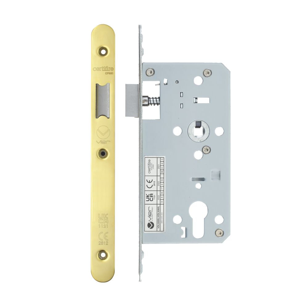 High quality image of the Vier - Din Latch - Backset 55mm - 2 Pc Forend - Radius - PVDG - Polished Brass Effect | Sku. vdl0055-l-r-pvdg | available to order from Trade Door Handles.