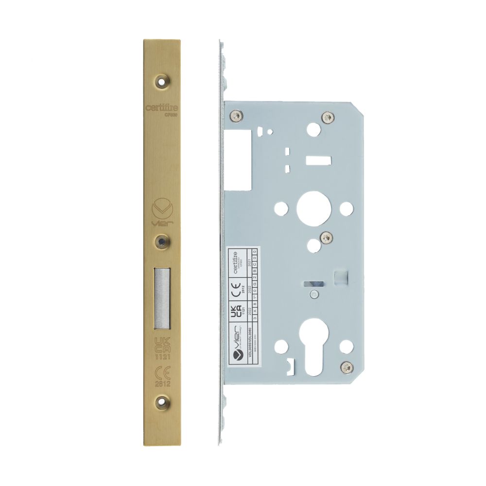 High quality image of the Vier - Din Euro Deadlock- Backset 55mm - 2 Pc Forend - Square - PVDSB - Satin Brass Effect | Sku. vdl0055-pvdsb | available to order from Trade Door Handles.