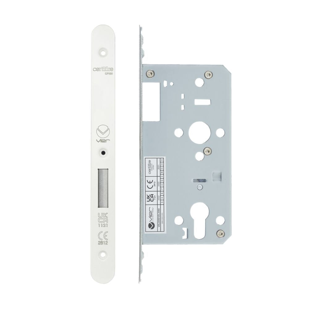 High quality image of the Vier - Din Euro Deadlock- Backset 55mm - 2 Pc Forend - Radius - PCW - Powder Coated White | Sku. vdl0055-r-pcw | available to order from Trade Door Handles.