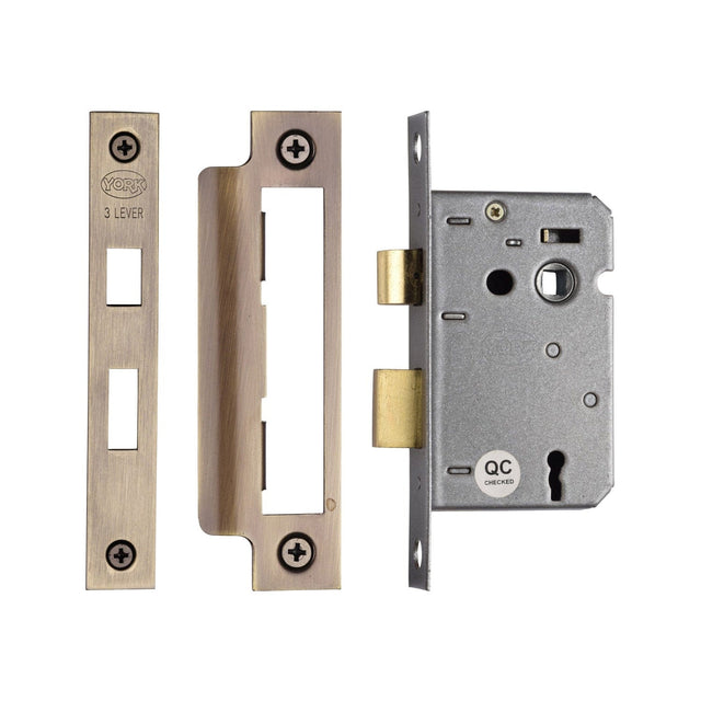 York Security Locks & Latches Antique Brass / 3 Lever Sashlocks / 2.5" / 65mm York - 3 Lever Sash Lock 2 1/2" AT