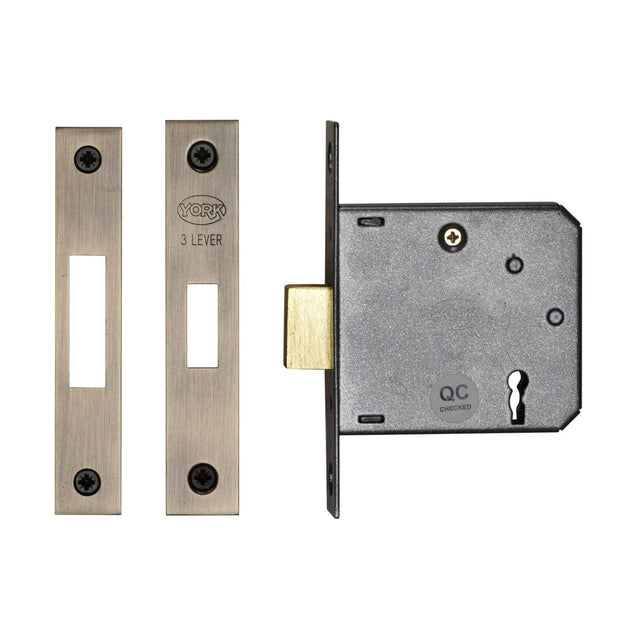 York Security Locks & Latches Antique Brass / 3 Lever Deadlocks / 3" / 76mm York Security - 3" Deadlock 3 Lever - Antique Brass
