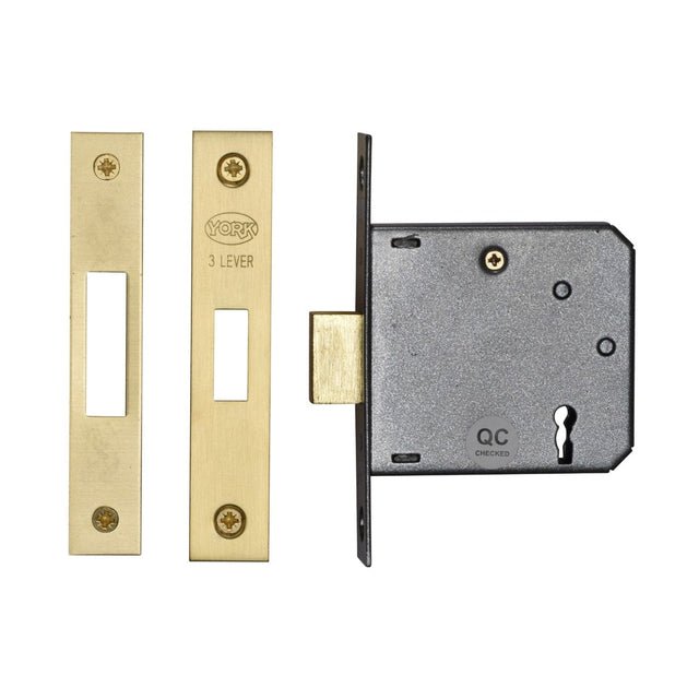 York Security Locks & Latches Satin Brass / 3 Lever Deadlocks / 3" / 76mm York Security - 3" Deadlock 3 Lever - Satin Brass