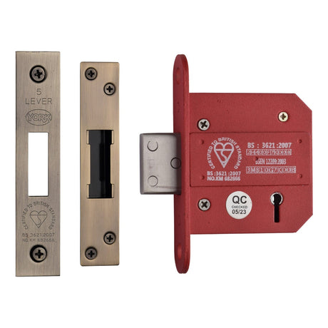 York Security Locks & Latches Antique Brass / 5 Lever Deadlocks / 3" / 76mm York Security - British Standard 5 Lever Deadlock 3" - Antique Brass