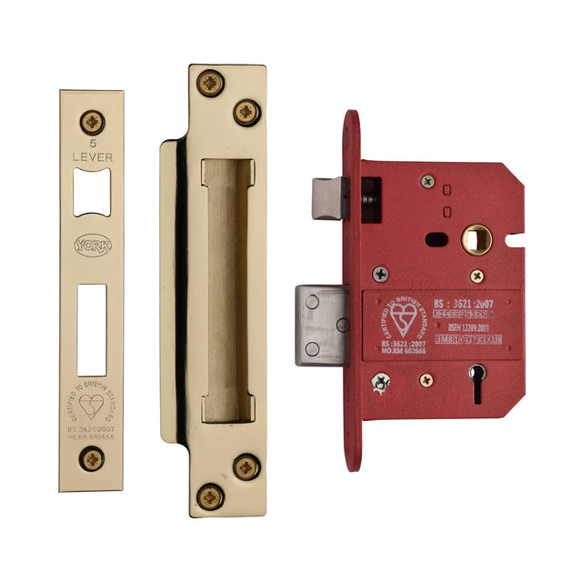 York Security Locks & Latches Polished Brass / 5 Lever Sashlocks / 3" / 76mm York Security - British Standard 5 Lever Sashlock 3" - Polished Brass